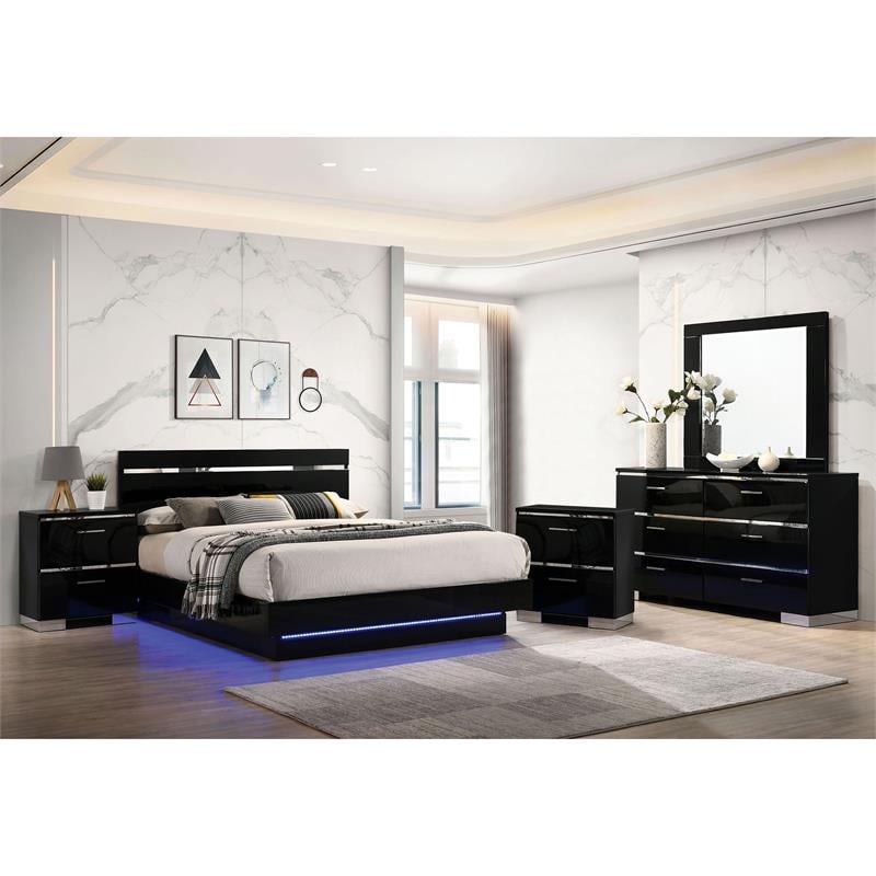 FOA Malva 5pc Black Wood Bedroom Set-Queen + 2 Nightstands + Dresser + Mirror