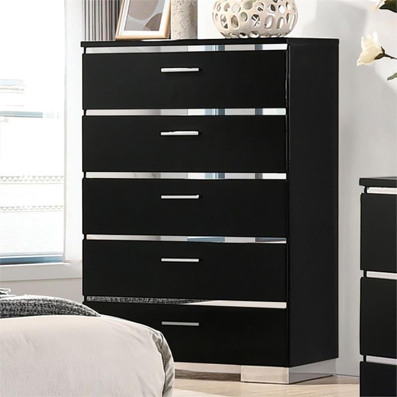 FOA Malva 6pc Black Wood Bedroom Set-Cal King+2 Nightstands+Chest+Dresser+Mirror