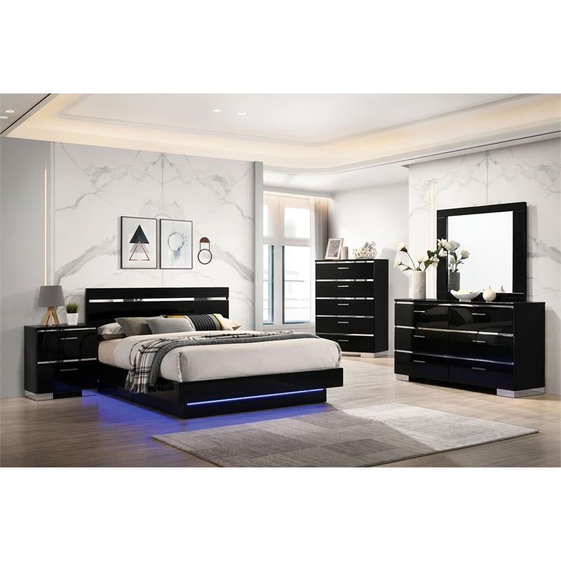 FOA Malva 6pc Black Wood Bedroom Set-Cal King+2 Nightstands+Chest+Dresser+Mirror