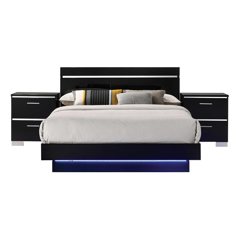 Furniture of America Malva 3pc Black Wood Bedroom Set-Queen + 2 Nightstands