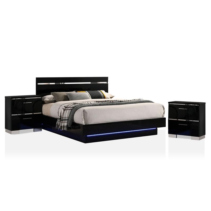 Furniture of America Malva 3pc Black Wood Bedroom Set-Queen + 2 Nightstands