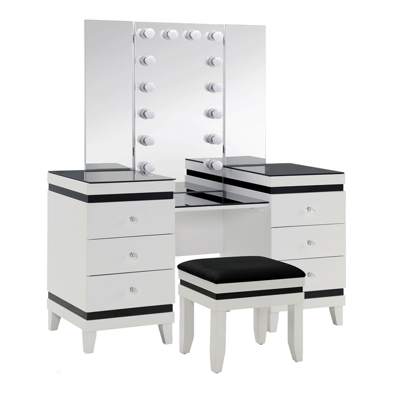 Furniture of America Dinz Wood 3-Piece Vanity Set with Light Bulbs in White
