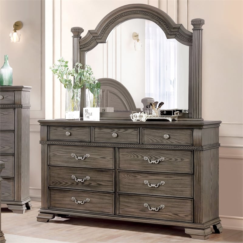 Furniture of America Charo Solid Wood 2-Piece Dresser and Mirror Set in Gray
