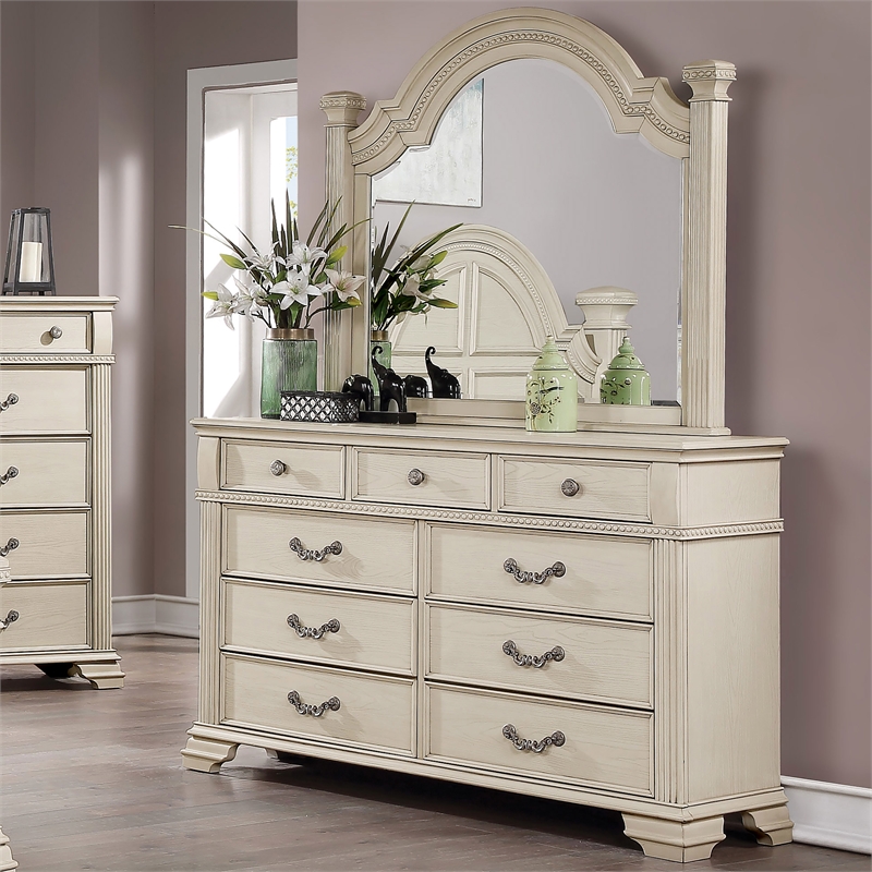 Furniture of America Charo Solid Wood 2-Piece Dresser and Mirror Set in White