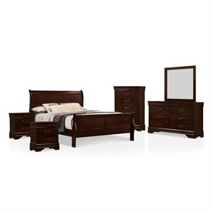 foa jussy 6pc cherry wood bed set + 2 nightstands+chest+dresser+mirror