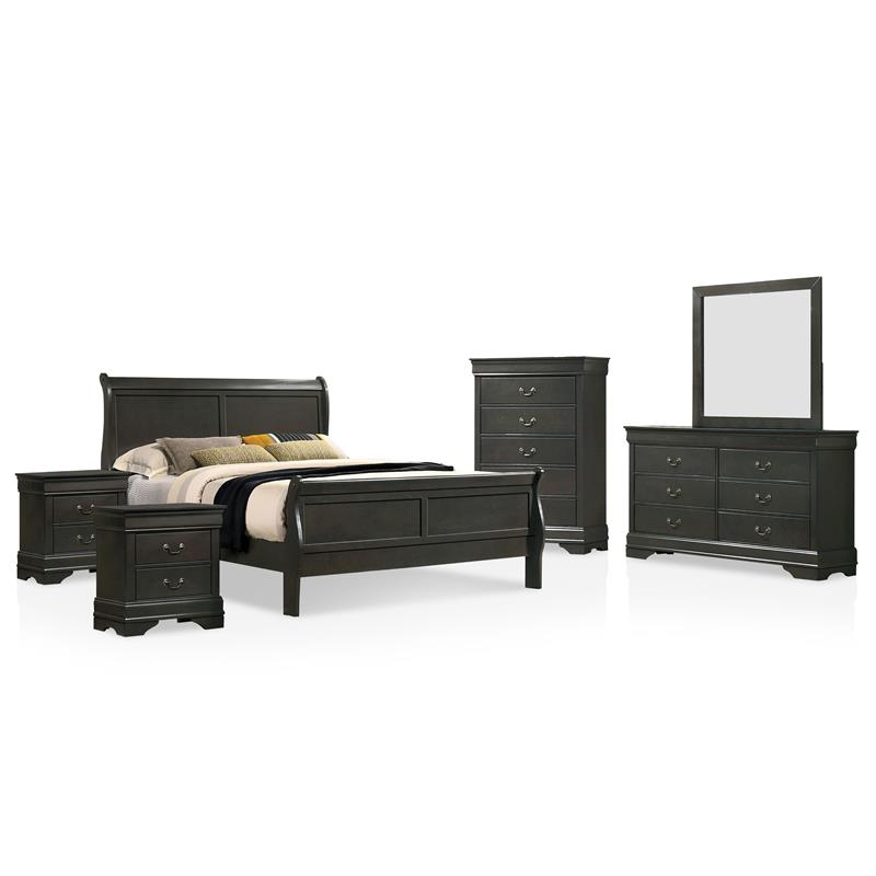 FOA Jussy 6pc Gray Wood Bed SetQueen+2 Nightstands+Chest+Dresser