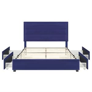 Furniture of America Tink Platform Fabric Queen Bed with Drawers in Navy