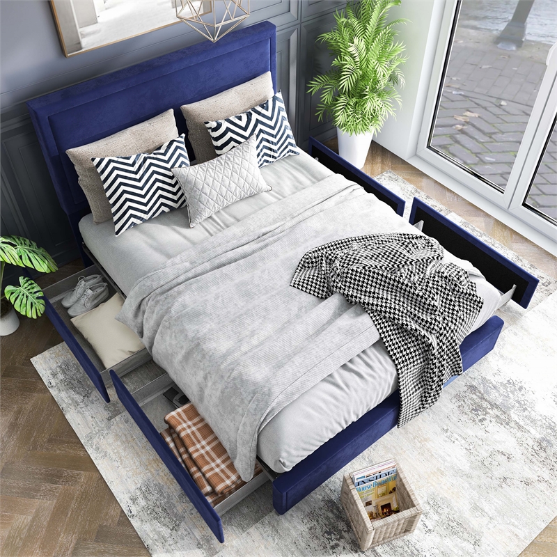 Furniture of America Tink Platform Fabric Queen Bed with Drawers in Navy