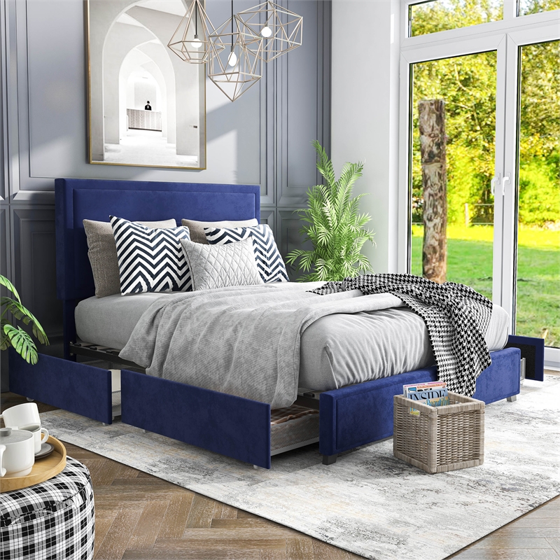 Furniture of America Tink Platform Fabric Queen Bed with Drawers in Navy