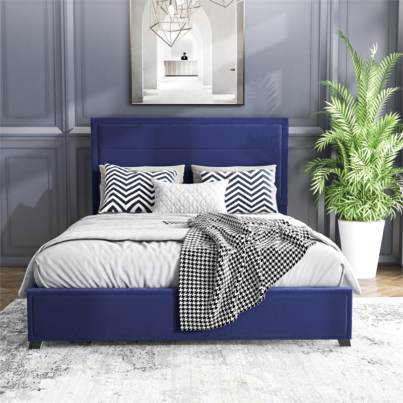 Furniture of America Tink Platform Fabric Queen Bed with Drawers in Navy