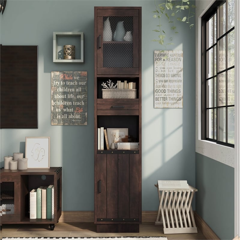 Furniture of America Jax Wood Multimedia Storage Tower Cabinet in Vintage Walnut