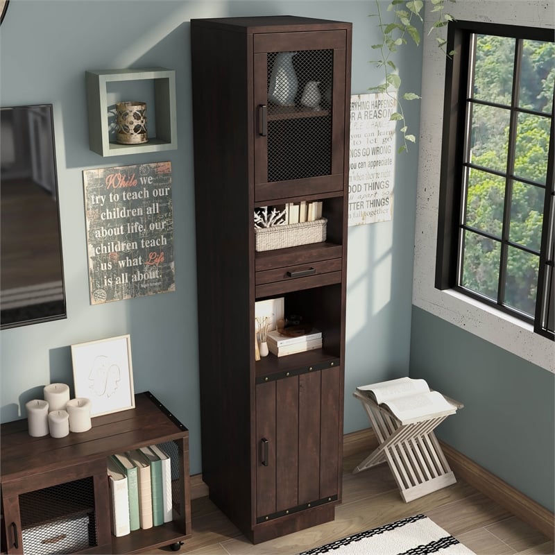 Furniture of America Jax Wood Multimedia Storage Tower Cabinet in Vintage Walnut