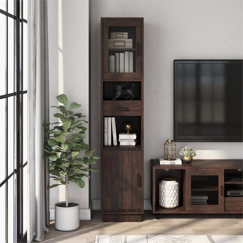 Furniture of America Jax Wood Multimedia Storage Tower Cabinet in Vintage Walnut
