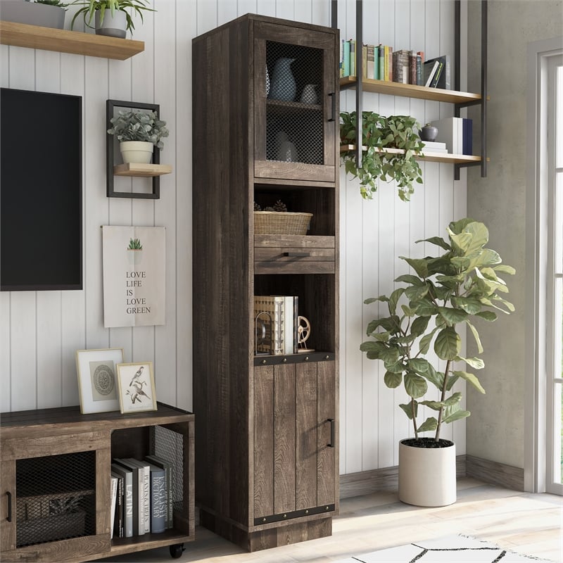 Furniture of America Jax Wood Multimedia Storage Tower Cabinet in Reclaimed Oak