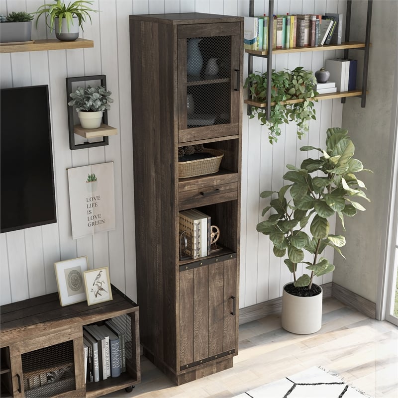 Furniture of America Jax Wood Multimedia Storage Tower Cabinet in Reclaimed Oak