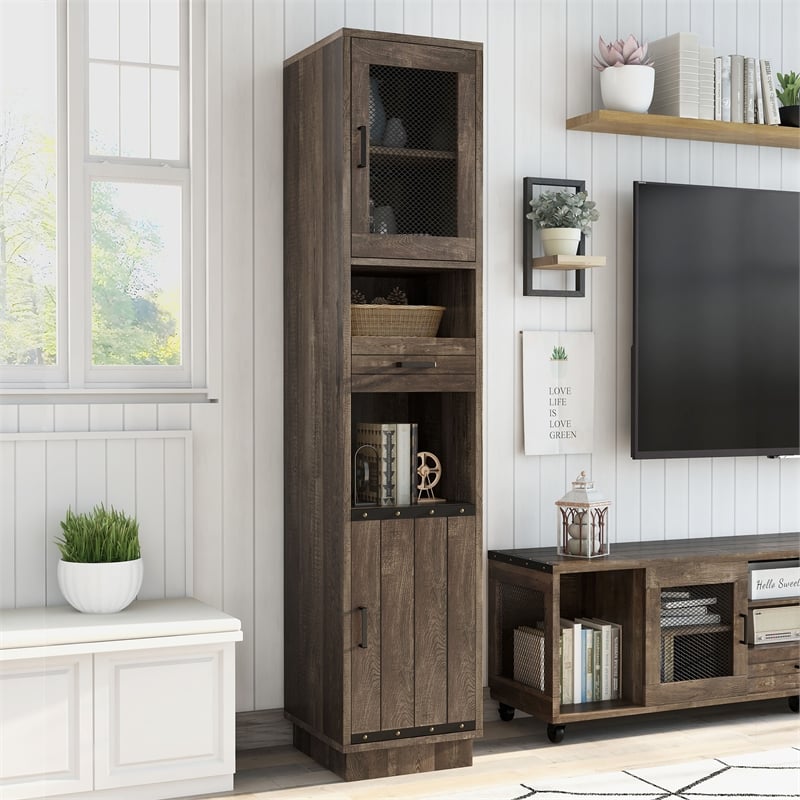 Furniture of America Jax Wood Multimedia Storage Tower Cabinet in Reclaimed Oak