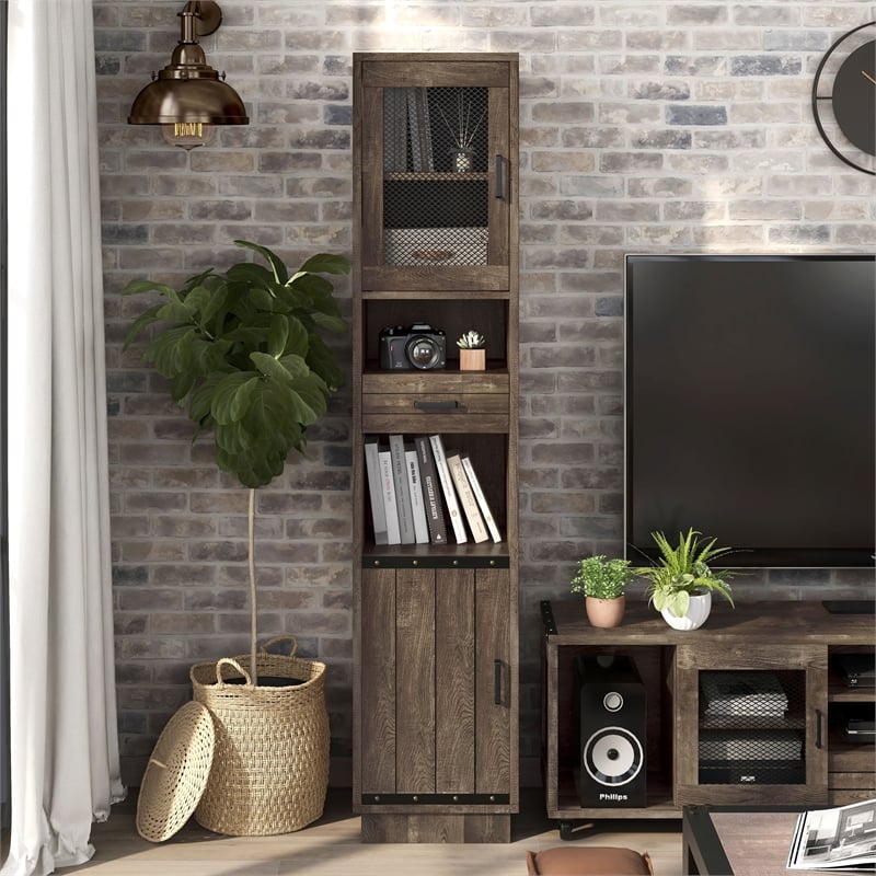 Furniture of America Jax Wood Multimedia Storage Tower Cabinet in Reclaimed Oak