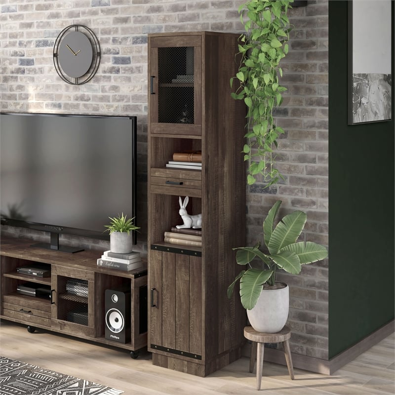 Furniture of America Jax Wood Multimedia Storage Tower Cabinet in Reclaimed Oak