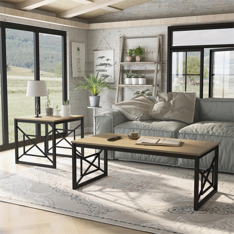Furniture of America Olive Metal 2-Piece Coffee Table Set in Oak and Black