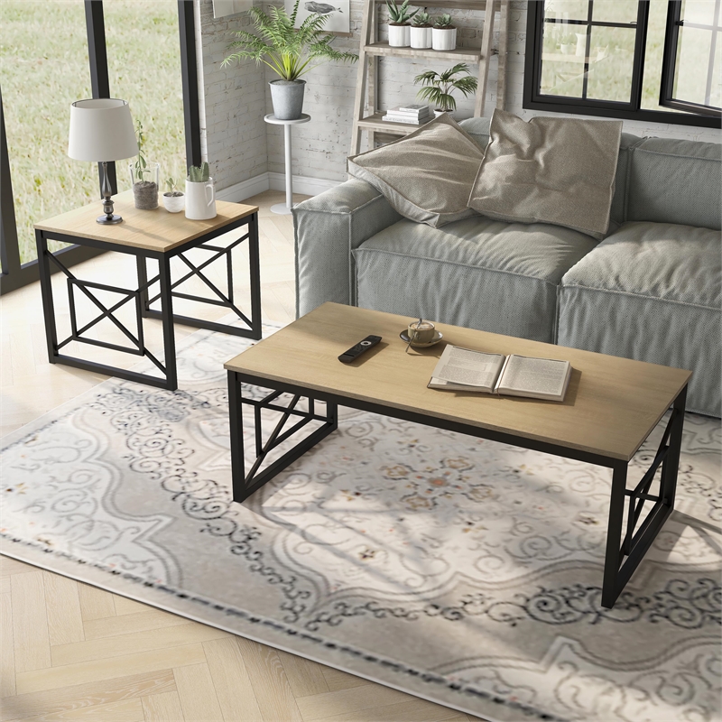 Furniture of America Olive Metal 2-Piece Coffee Table Set in Oak and Black