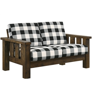 furniture of america tally brown rustic wood finish and plaid fabric loveseat
