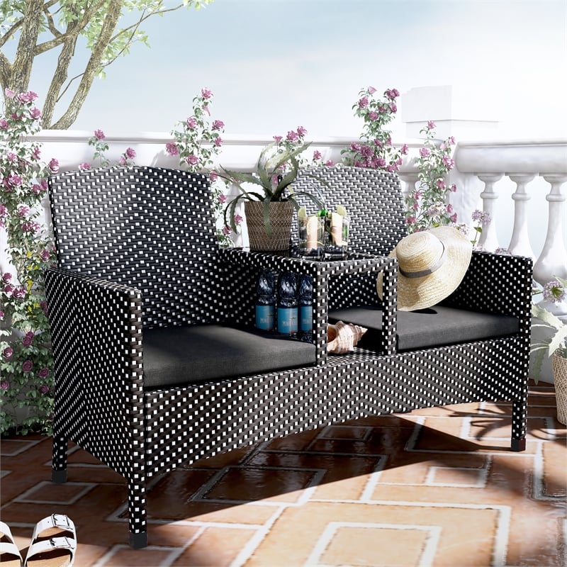 Furniture of America Azur Black Metal Wicker Patio Conversation Loveseat