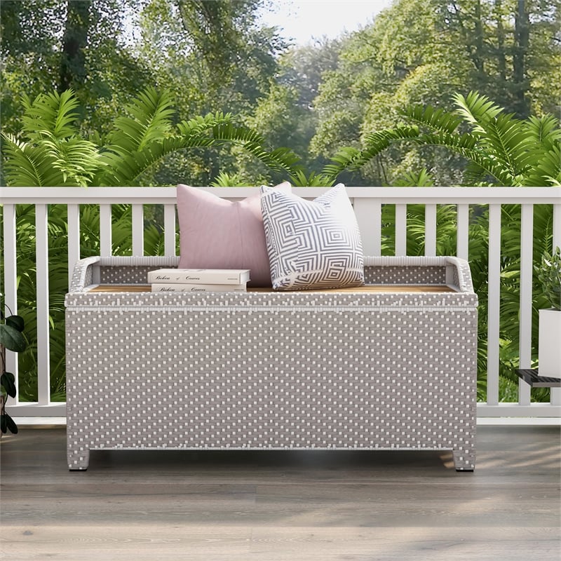 Furniture of America Azur Gray Poolside Outdoor Wicker Metal Storage Bench