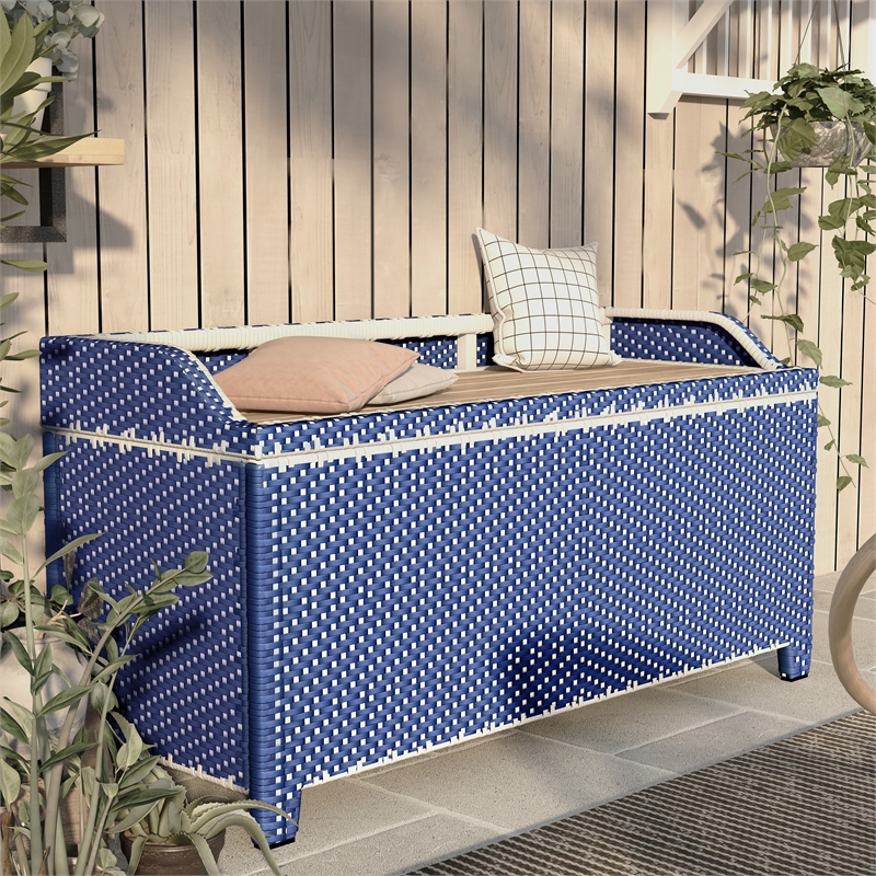 Furniture of America Azur Navy Poolside Outdoor Wicker Metal Storage Bench