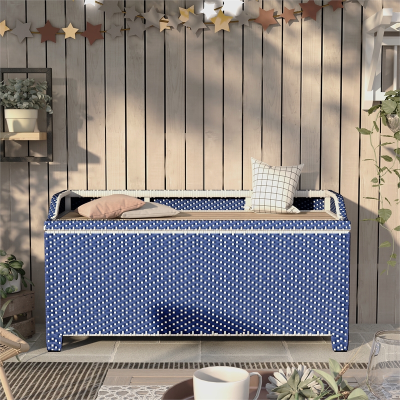 Furniture of America Azur Navy Poolside Outdoor Wicker Metal Storage Bench