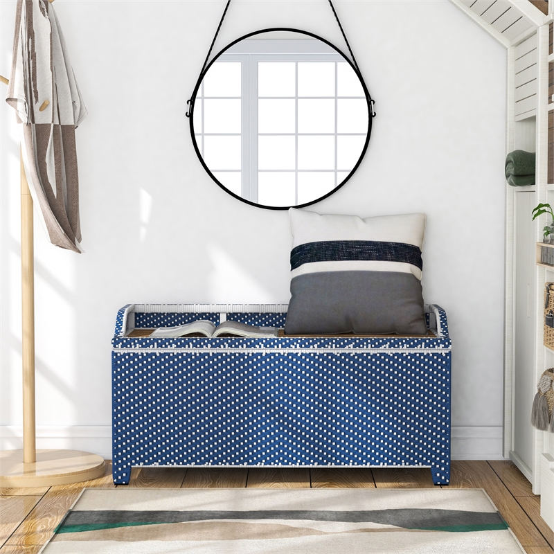 Furniture of America Azur Navy Poolside Outdoor Wicker Metal Storage Bench