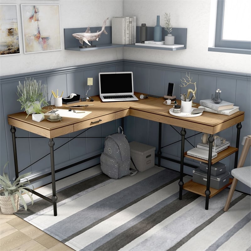 Furniture of America Diego L-shaped Wooden Desk in Brown Oak