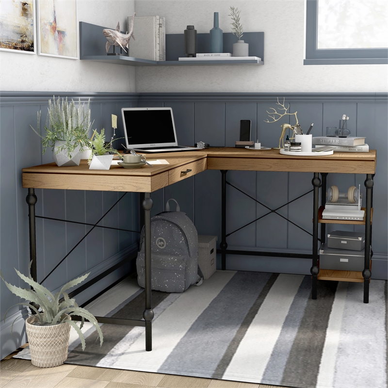 Furniture of America Diego L-shaped Wooden Desk in Brown Oak