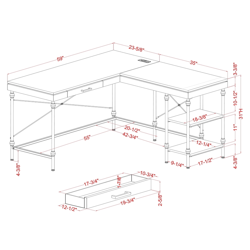 Furniture of America Diego L-shaped Wooden Desk in Antique Gray