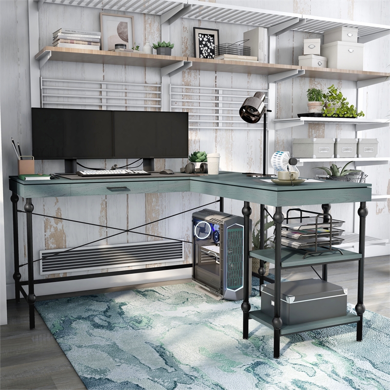 Furniture of America Diego L-shaped Wooden Desk in Antique Blue