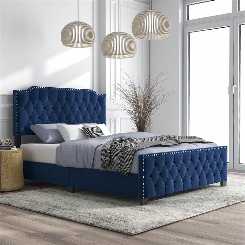 Furniture of America Chetana Navy King Tufted Upholstered Wood Bed