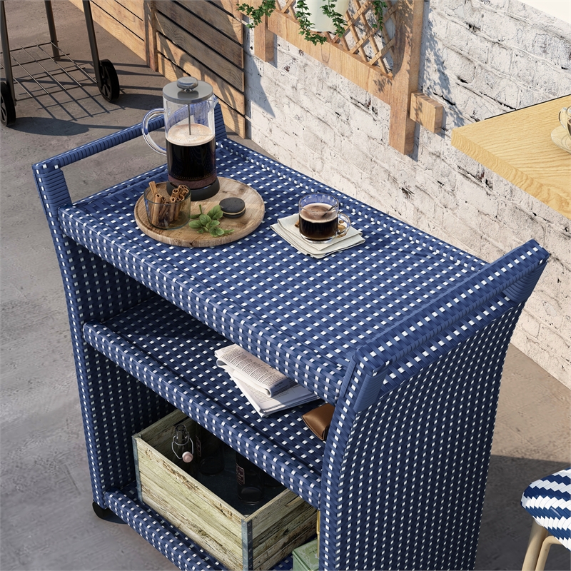 Furniture of America Azur Outdoor Aluminum Wicker Bar Cart in Navy