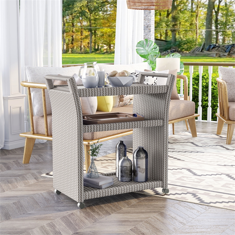Furniture of America Azur Outdoor Aluminum Wicker Bar Cart in Gray