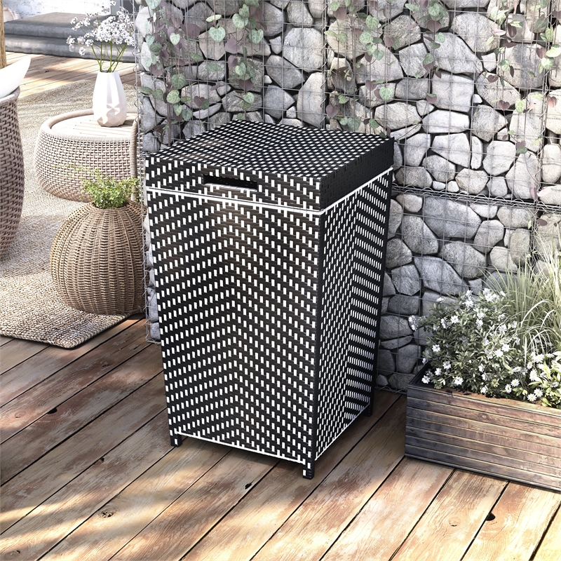 Furniture of America Azur Outdoor Aluminum & Wicker Outdoor Trash Can in Black
