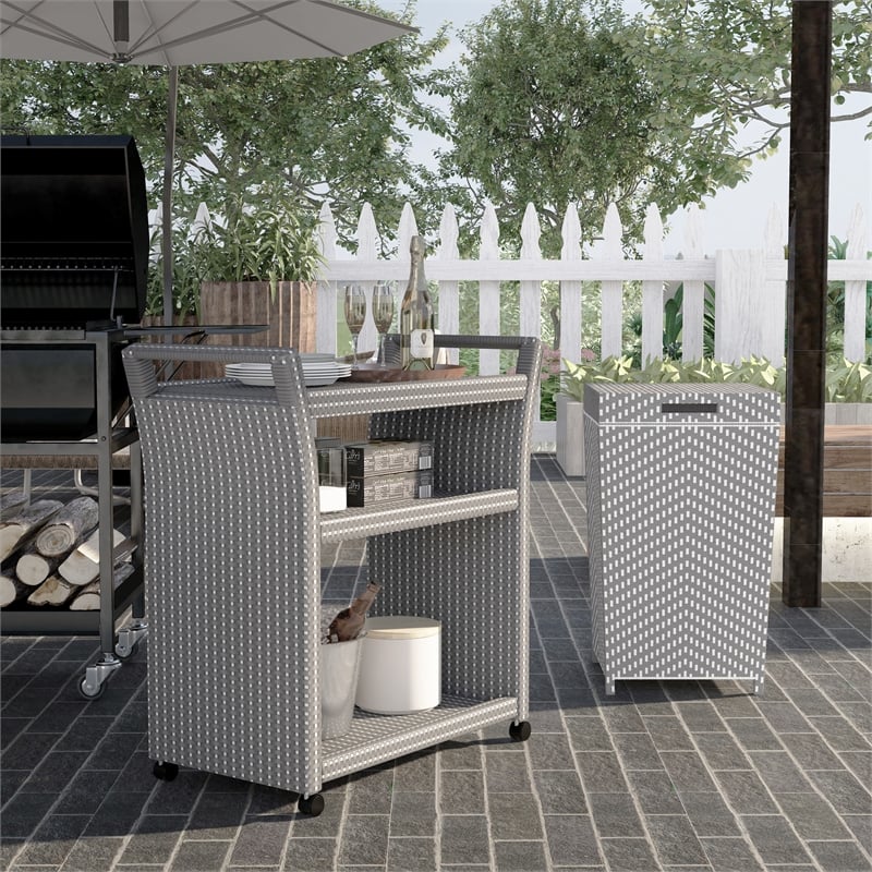 FOA Azur Outdoor Aluminum Wicker 3-Tier Bar Cart & Trash Can 2pc Set