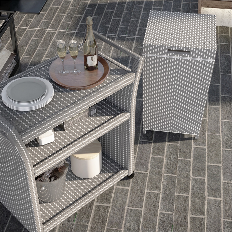 FOA Azur Outdoor Aluminum Wicker 3-Tier Bar Cart & Trash Can 2pc Set