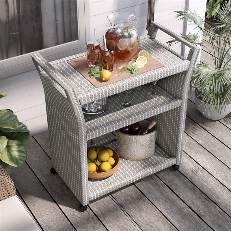 FOA Outdoor Aluminum Wicker 3-Tier Bar Cart & Storage Bench 2PC Set