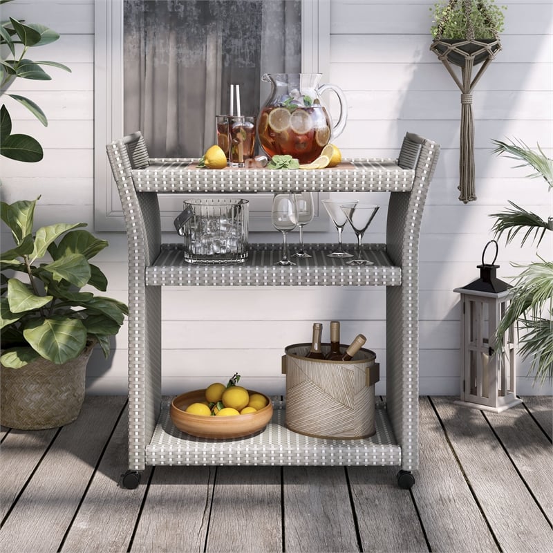 FOA Outdoor Aluminum Wicker 3-Tier Bar Cart & Storage Bench 2PC Set