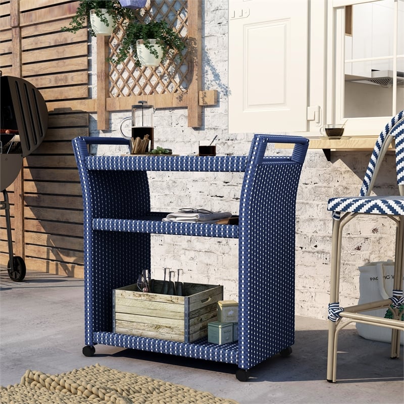 FOA Navy Outdoor Wicker Aluminum Storage Bench & Bar Cart Set of 2