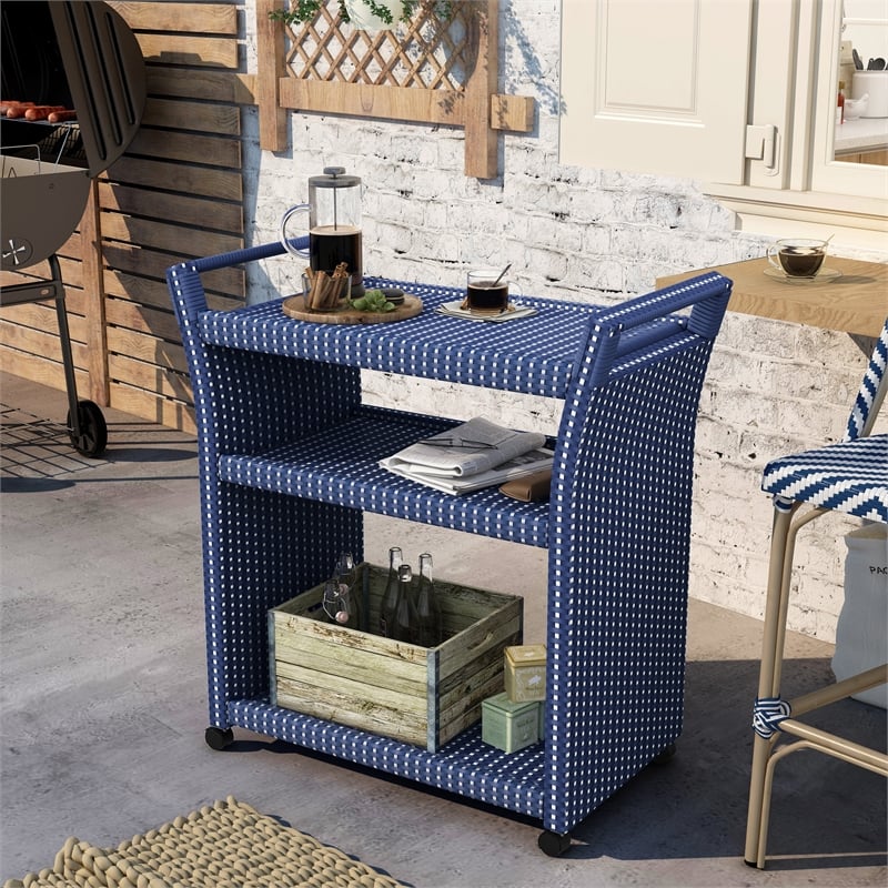 FOA Navy Outdoor Wicker Aluminum Storage Bench & Bar Cart Set of 2