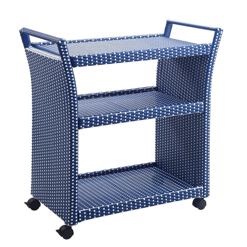 FOA Navy Outdoor Wicker Aluminum Storage Bench & Bar Cart Set of 2