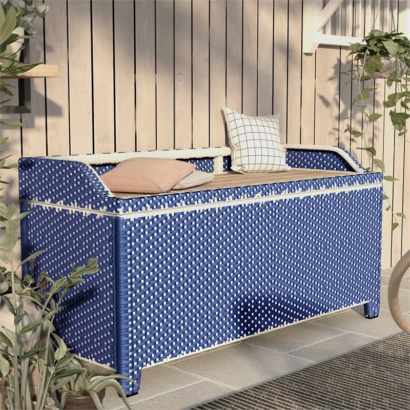 FOA Navy Outdoor Wicker Aluminum Storage Bench & Bar Cart Set of 2