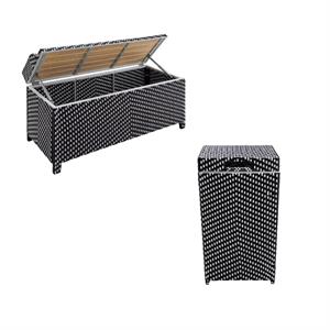 foa black aluminum/wicker metal storage bench & deck box outdoor set of 2