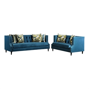 Furniture of America Boree Fabric 2-Piece Sofa Set in Dark Teal Blue