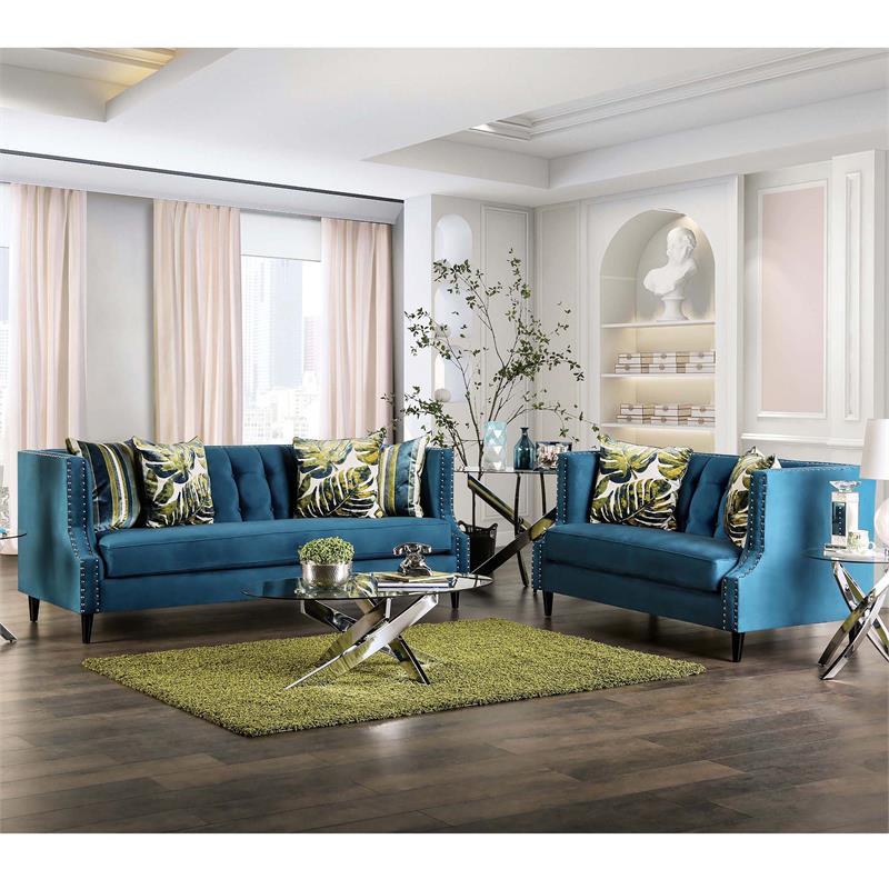 Furniture of America Boree Fabric 2-Piece Sofa Set in Dark Teal Blue