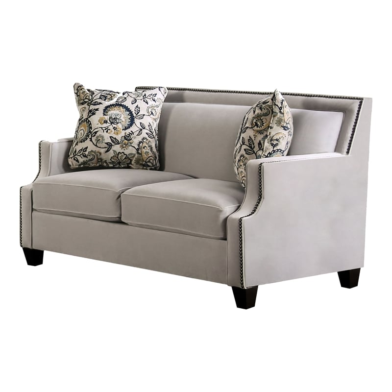 Furniture of America Brier Transitional Fabric Nailhead Loveseat in Light Gray
